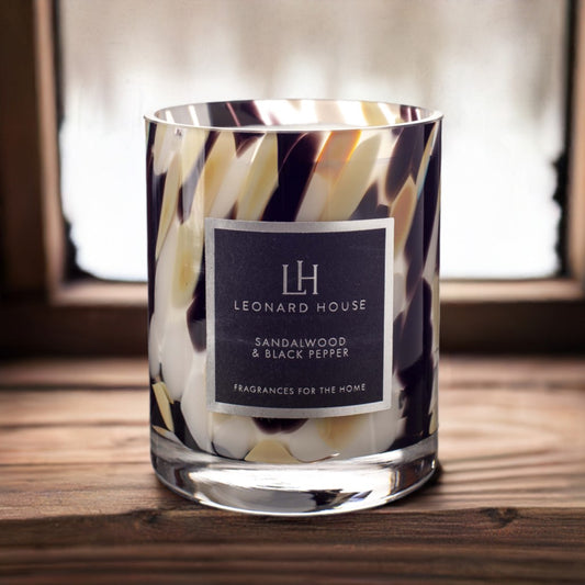 Sandalwood and Black Pepper Soy Wax Candle in Beige, Brown and White Glass Jar
