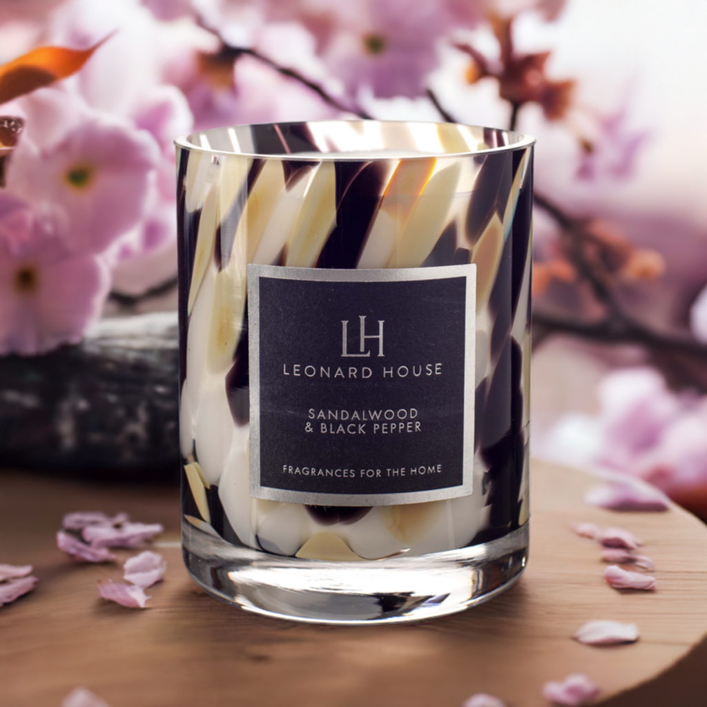 Sandalwood and Black Pepper Soy Wax Candle in Beige, Brown and White Glass Jar