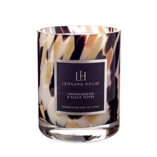 Sandalwood and Black Pepper Soy Wax Candle in Beige, Brown and White Glass Jar