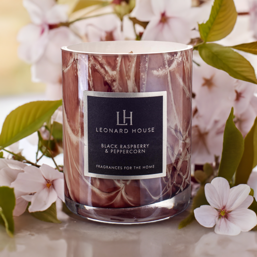 Black Raspberry & Peppercorn Soy Wax Candle in Auburn Marble Glass Jar