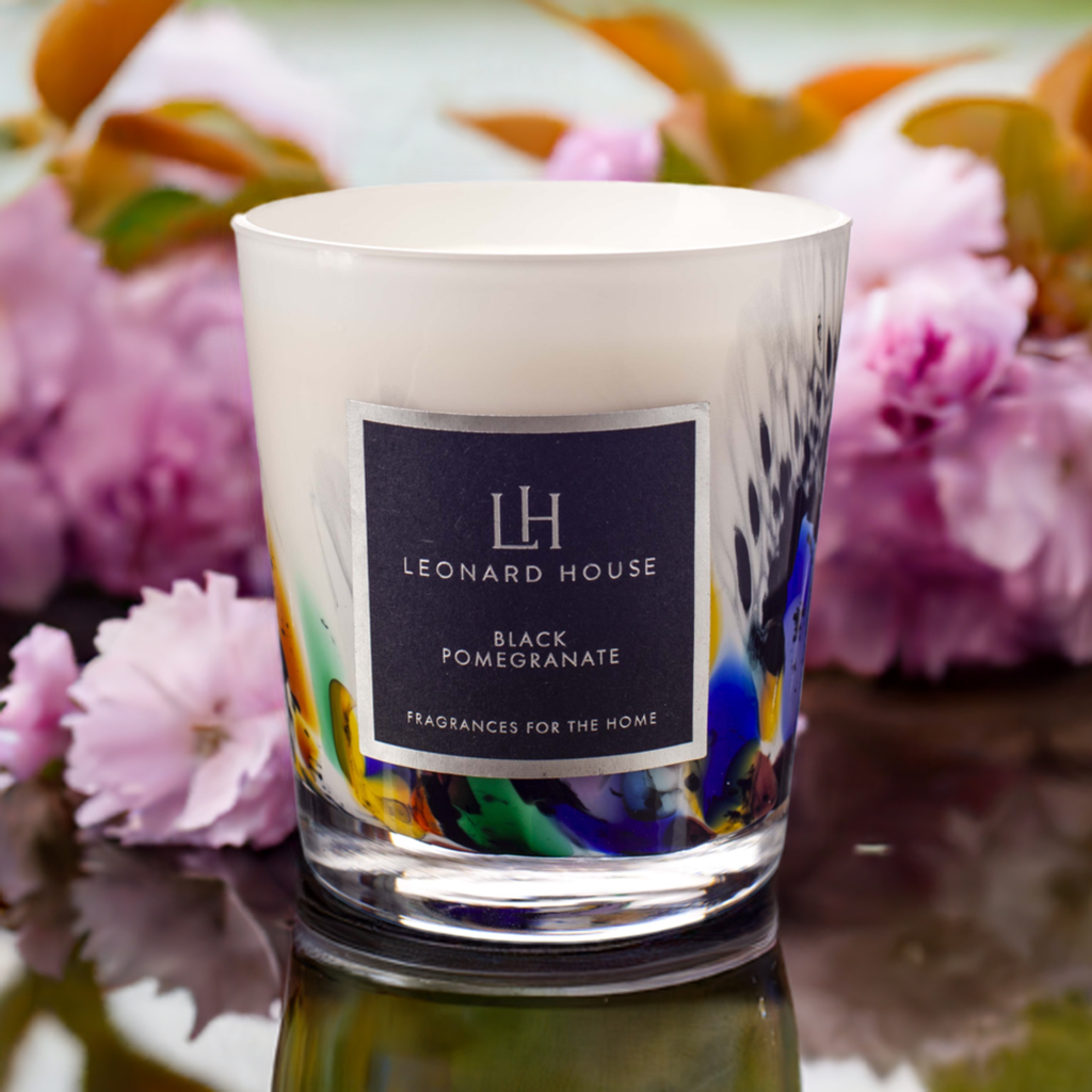 Black Pomegranate Soy Wax Candle in White and Multicoloured Glass Jar