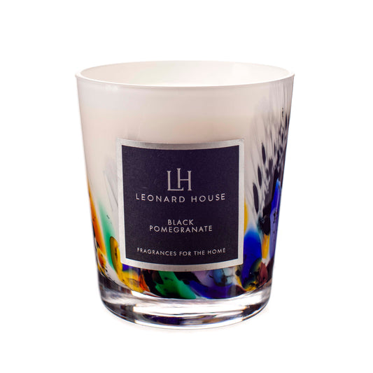 Black Pomegranate Soy Wax Candle in White and Multicoloured Glass Jar